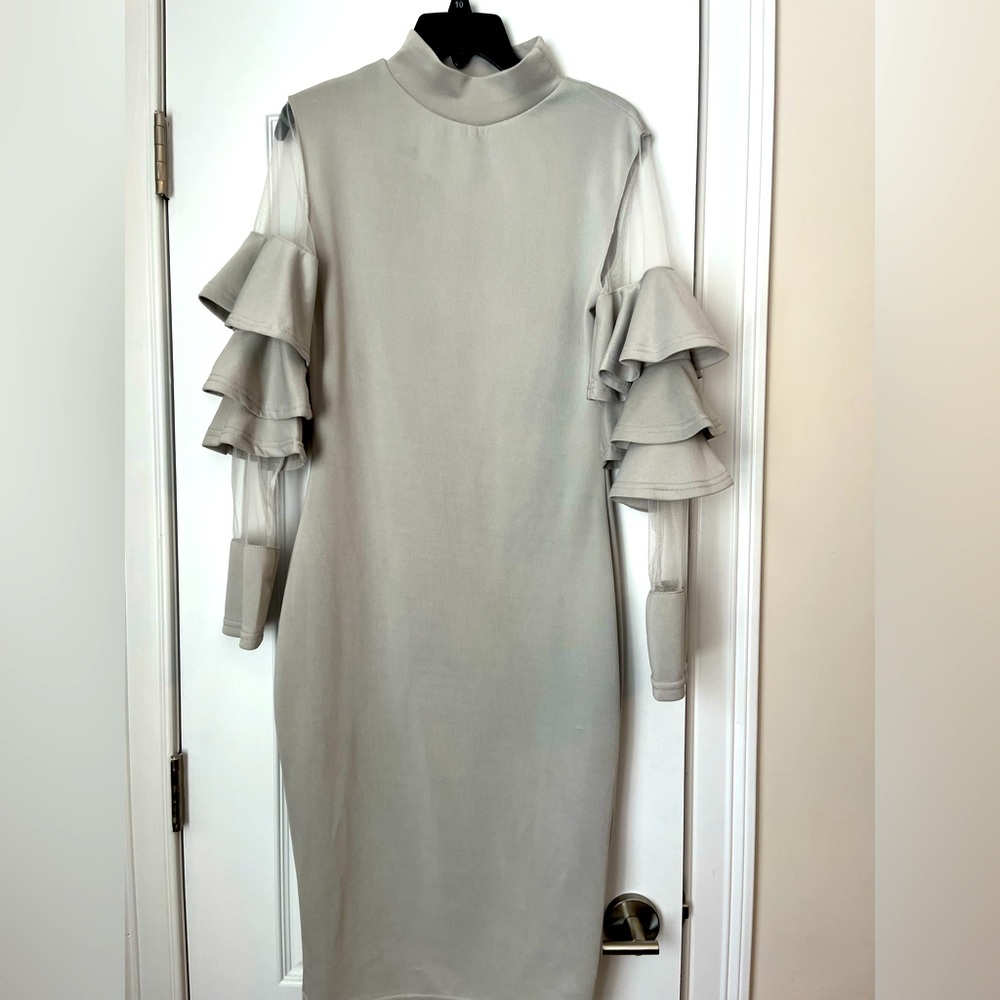 Gray dress with mesh ruffle sleeve detail